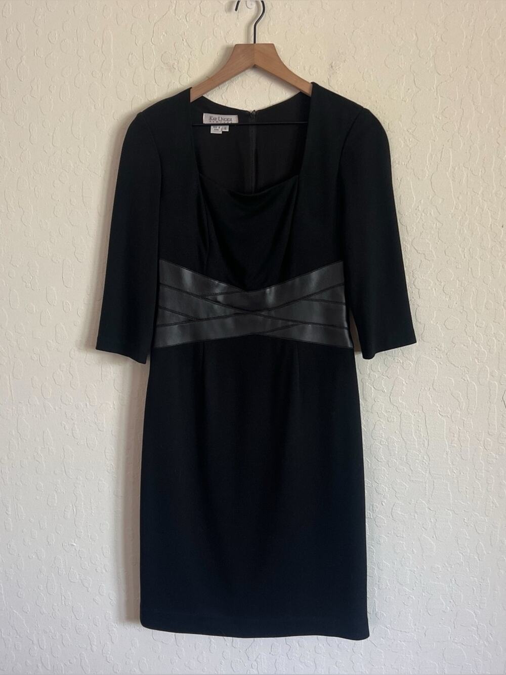 Kay Unger Square Neck 3/4 Sleeve Faux Leather Waist Sheath Midi Dress 6 Black
